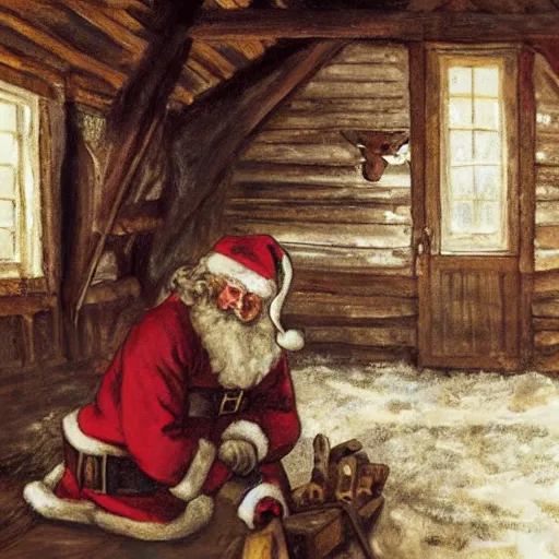Image similar to santa inside a rustic barn, in the style of anders zorn