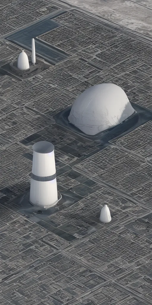 Image similar to realistic nuclear base, tower of babylon destroyed, white architecture, cerro dominador radial vertical solar power plant in the desert, trending on artstation, featured on behance, octane render, award winning, archviz, matte painting, epic, blender render, unreal engine