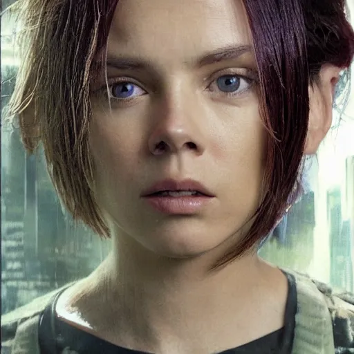 Prompt: a medium - shot of scarlett johnasson looking into the distance, beautiful light failling on her face, chin - length bob with bangs hairstyle, in the sytl of ghost in the shell, by annie leibowitz