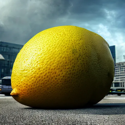 Image similar to gigantic lemon monster invading detroit, dslr, 8 k, octane beautifully detailed render, cold mood, cinematic lighting, detailed photo, masterpiece, volumetric lighting, ultra realistic, highly detailed, high quality, lossless, photorealistic