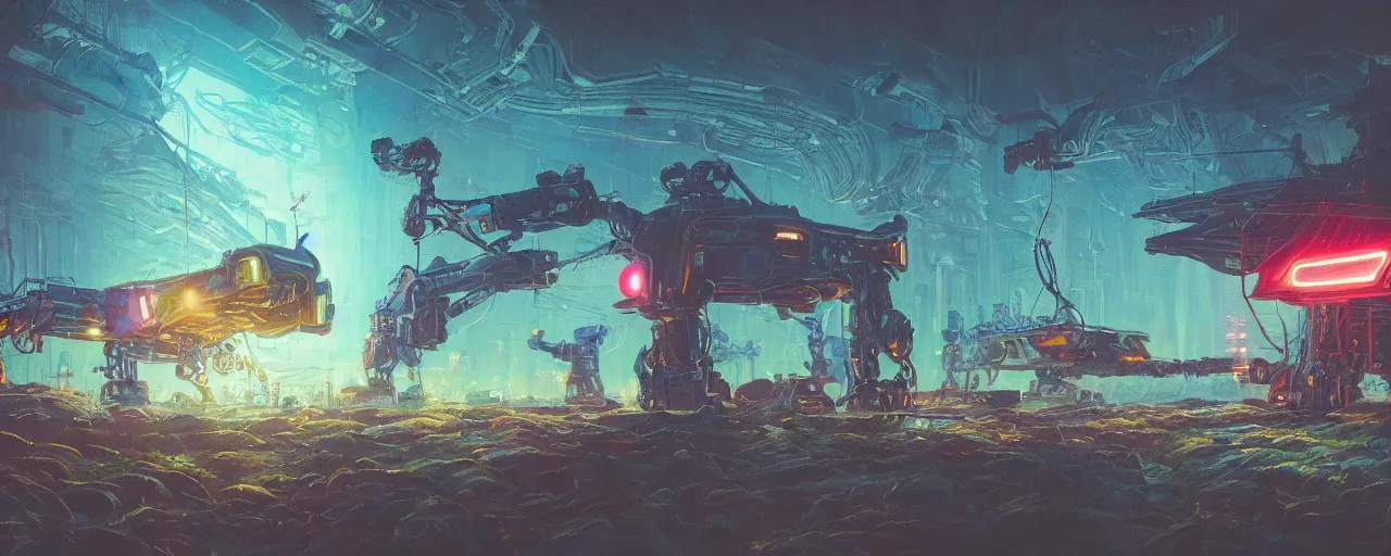 Prompt: Giant Robot fixing a broken spaceship, illustrated by Simon Stålenhag and Gaston Bussiere, 35mm lens, beautiful macro close-up imagery, rule of third, vibrantly lush neon lighting, beautiful volumetric-lighting-style atmosphere, a futuristic rural atmosphere, intricate, ultra detailed, photorealistic imagery, trending on artstation, 4k, 8k