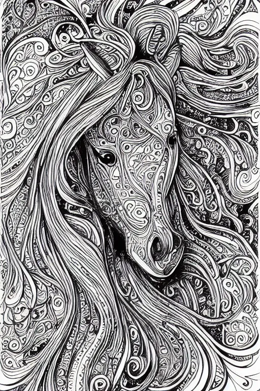 Prompt: beautiful, horse, fractals, ornamental, ink drawing, line art, colouring page