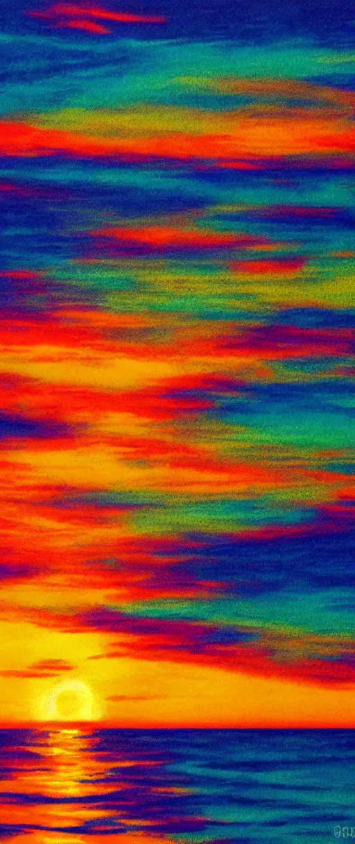 Image similar to a psychedelic sunset over the ocean