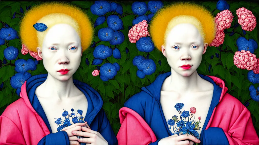 Image similar to portrait of a woman with albinism, wearing a neon blue hoodie, standing in a botanical garden full of flowers, intricate details, high detail, in the style of rogier van der weyden and jacopo da pontormo, by mark ryden, punk, asian art,