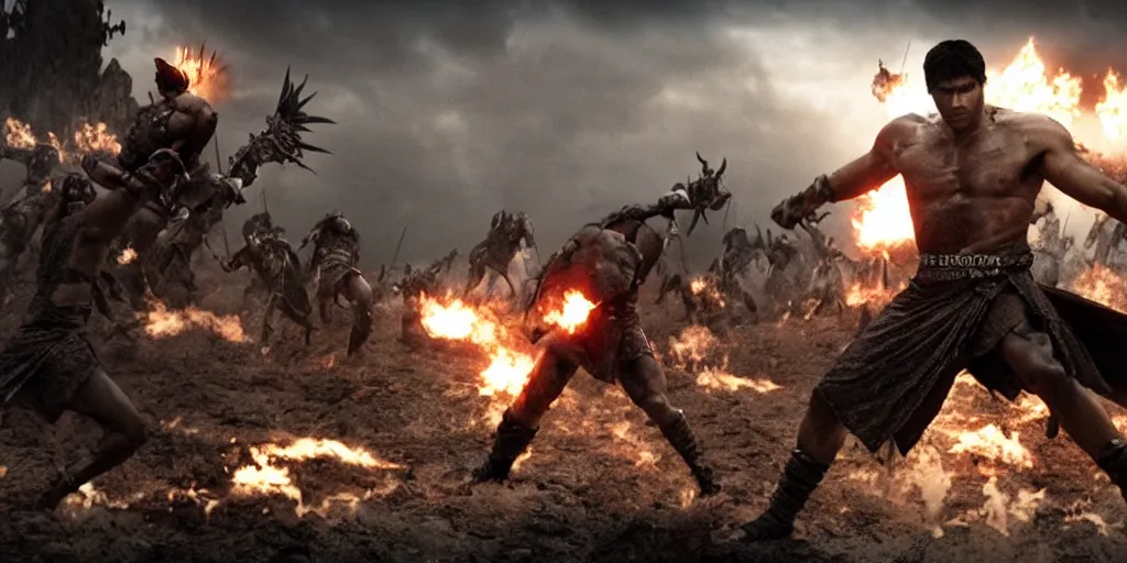 Image similar to epic battle screen of hero, film still from the movie'3 0 0'( 2 0 0 6 ), 3 d, 8 k realistic, cryengine, playstion 5 screen, cinematic lighting