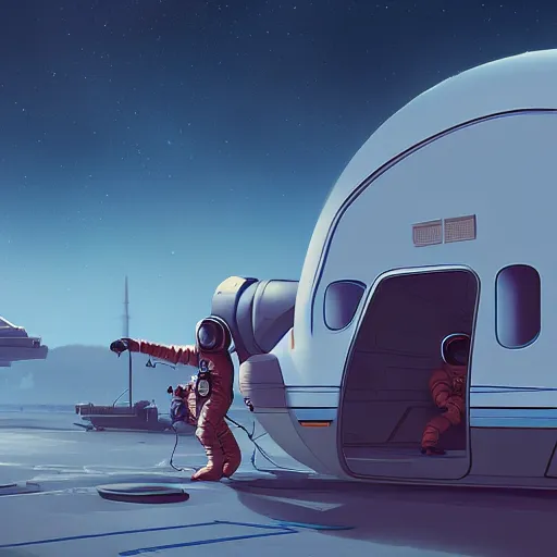 Image similar to ilustration astronaut unloading the spaceship before camping, characterized by roman shipunov, etienne hebinger, atey ghailan, cgsociety, cynical realism, fantasy art, 2 d game art