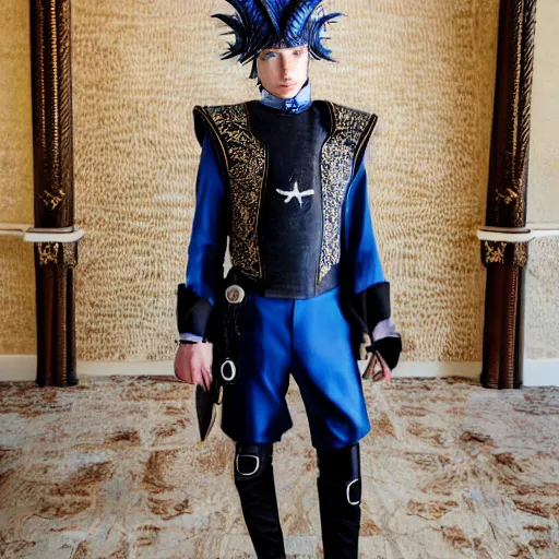 Image similar to medium face shot of adult Austin Butler dressed in futuristic-baroque prussian blue duelist-garb with Griffin-Ram embroidery emblem, and nanocarbon-vest and greaves, standing in an arena in Dune 2020, XF IQ4, f/1.4, ISO 200, 1/160s, 8K, face in-frame