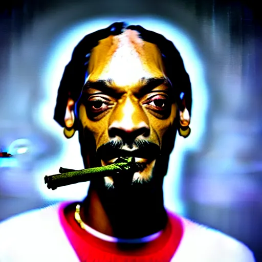 Image similar to Snoop Dog with big eyes eye color red , smiling and holding a joint in his hand