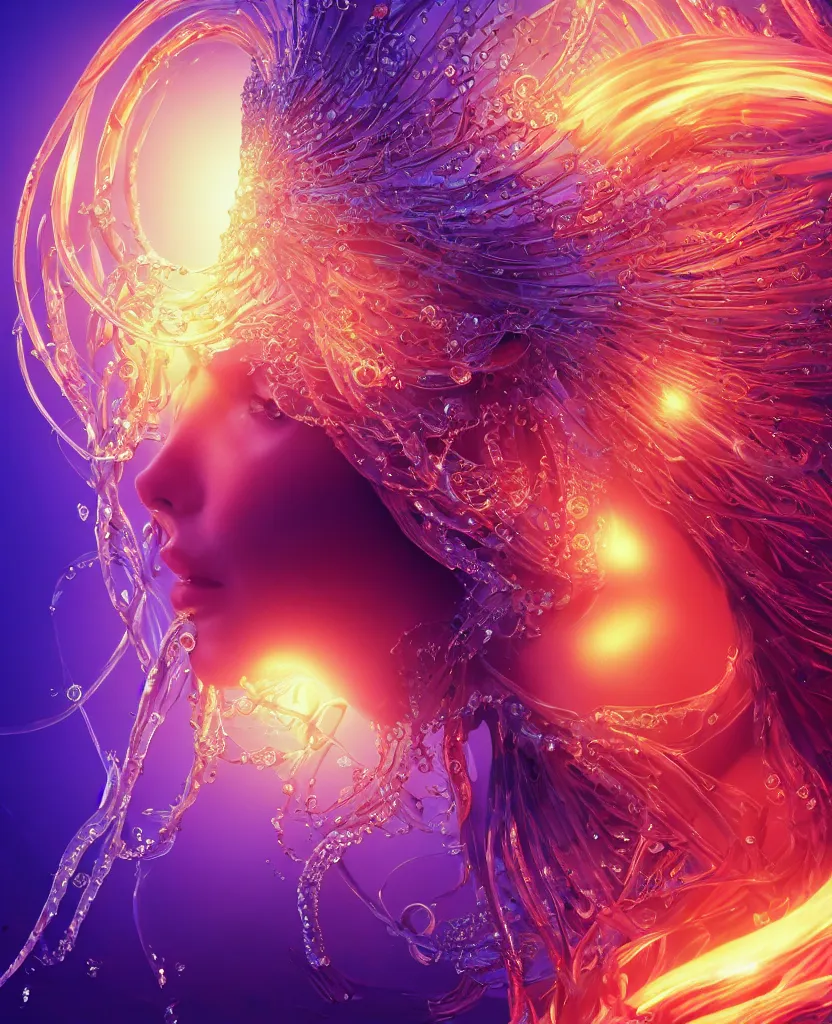 Image similar to close-up macro portrait of the face of a beautiful princess, epic angle and pose, symmetrical artwork, 3d with depth of field, blurred background, cybernetic jellyfish female face skull phoenix bird, translucent, nautilus, energy flows of water and fire. a highly detailed epic cinematic concept art CG render. made in Maya, Blender and Photoshop, octane render, excellent composition, cinematic dystopian brutalist atmosphere, dynamic dramatic cinematic lighting, aesthetic, very inspirational, arthouse. y Greg Rutkowski, Ilya Kuvshinov, WLOP, Stanley Artgerm Lau, Ruan Jia and Fenghua Zhong