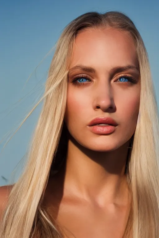 Image similar to head shot photo of a olive skinned blonde female model in her twenties, silky straight hair, wearing a designer top, looking content, photo realistic, extreme detail skin, natural beauty, no filter, slr, golden hour, 4 k, high definition, selfie