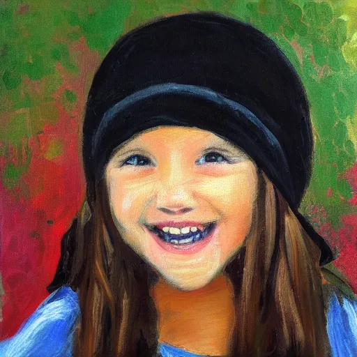 Prompt: painting of a girl with large smile, black color, beanie, impressionist style