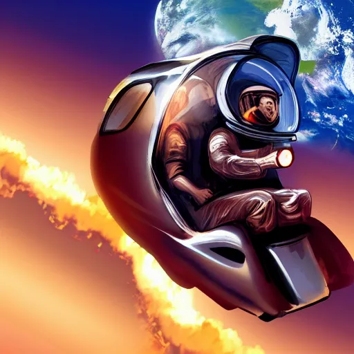 Image similar to elon musk riding motorcycle in space, digital art