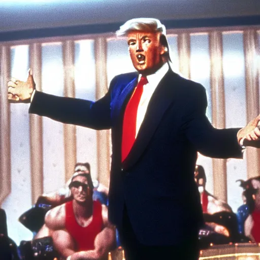 Image similar to movie still of donald trump as the gameshow host in arnold schwarzenegger's movie the running man. film quality