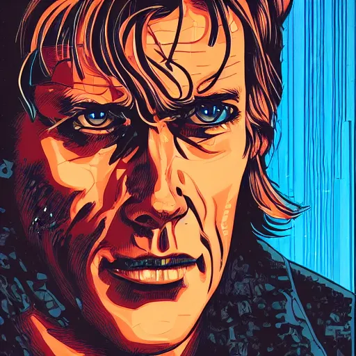 Image similar to close up portrait artwork of man with mullet, half face cyborg. From The Terminator 1984. Artwork by Dan Mumford