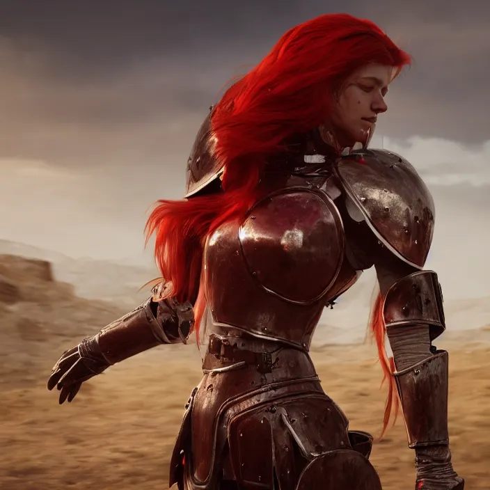 Image similar to a girl with long red hair wearing a red plate armor in a battlefield, 3d render, octane render, unreal engine 5, 8k hdr, hyperrealistic, highly detailed, high quality, concept art, trending on Artstation, full-body armor,