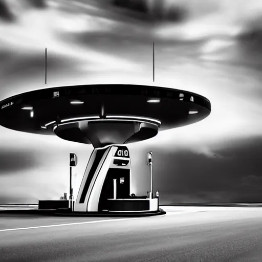 Image similar to a futuristic fuel station in the style of reuben wu, roger deakins, h 1 0 2 4