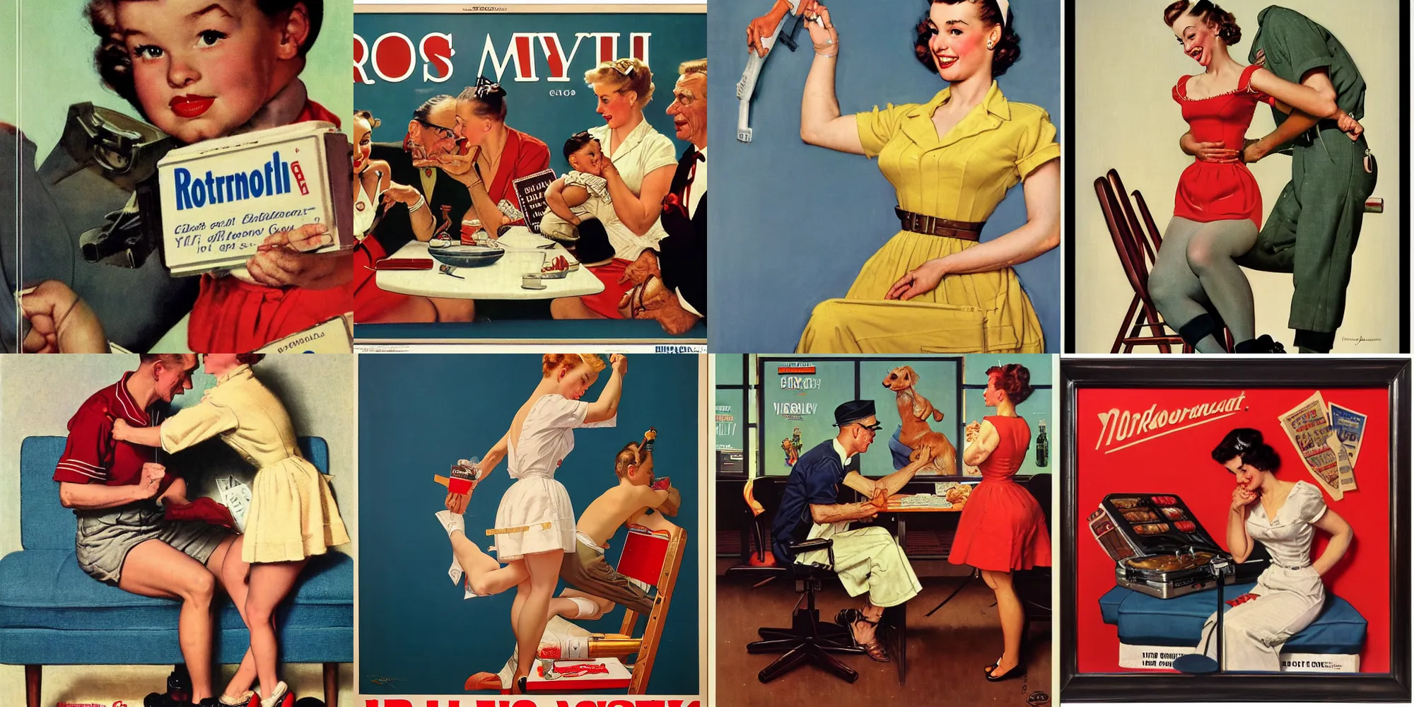 Prompt: 1950s company logos by Norman Rockwell and Gil Elvgren, highly detailed,soft lighting, film grain, medium format, 8k resolution, oil on canvas