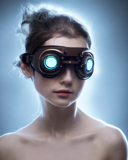 Image similar to 3 / 4 portrait photo by bouguereau of female dancer as a cyberpunk mecha humanoid robotic parts wearing goggles with straight led lights over neck, inside white room, ultra - realistic and detailed, 8 k