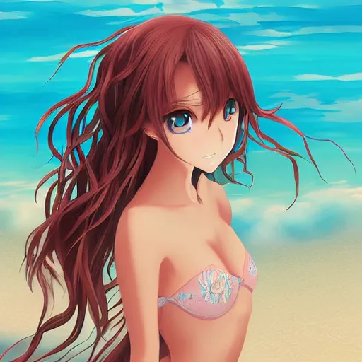 Image similar to an anime portrait of a beautiful girl in the beach, Digital art, intricate details,