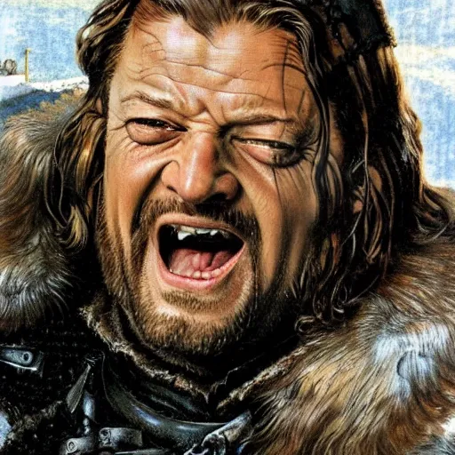 Image similar to ned stark screaming in winterfell by norman rockwell