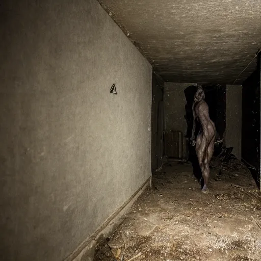Prompt: hi - 8 night vision camera found - footage of a barely visible, human - like minotaur, shrouded in darkness at the end of an extremely dark, unlit hallway in a basement of an abandoned house