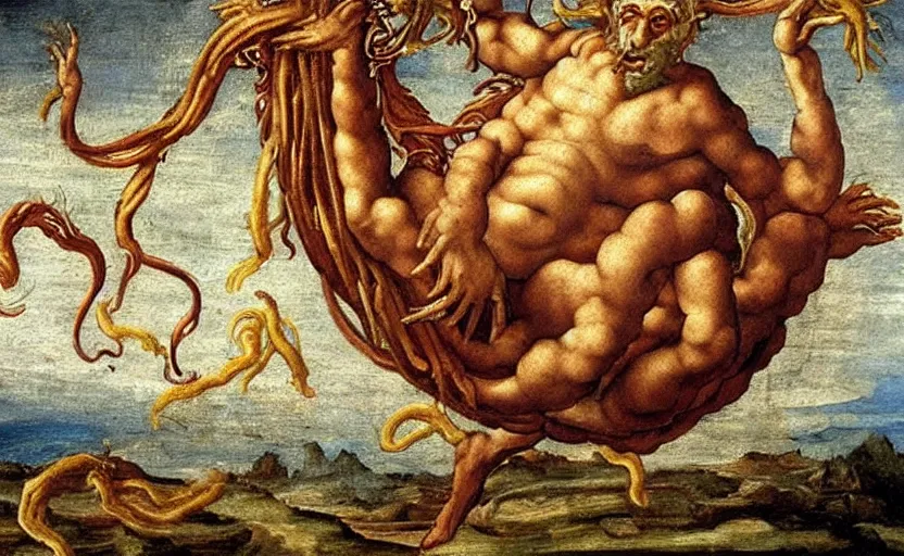 Image similar to The flying spaghetti monster. By Michelangelo (1564). Expert fresco painting.