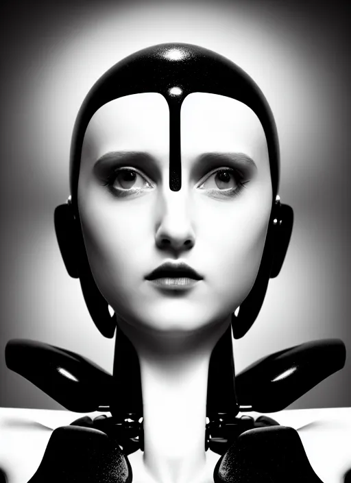 Image similar to surreal mythical dreamy dark artistic black and white fine art fashion portrait photo of a young beautiful delicate female metropolis robot loving the universe, spiritual, halo, glory, rim light, cinematic, studio dramatic light, poetic, masterpiece, octane render, 8 k, photo - realistic by william bouguereau man ray