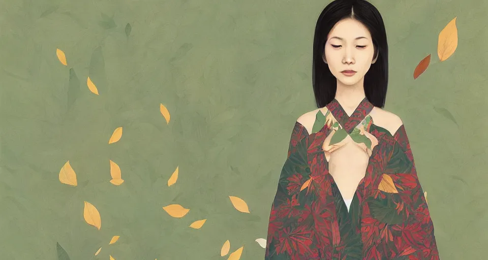 Image similar to asian female wearing leaf costume, art by dannylailai, by hsiao ron cheng