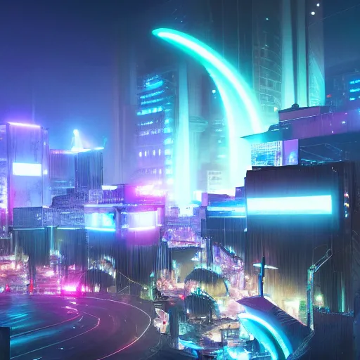 Image similar to space city, neon lightning, movie still, cinematic lightning, octane render, splash art, dystopian