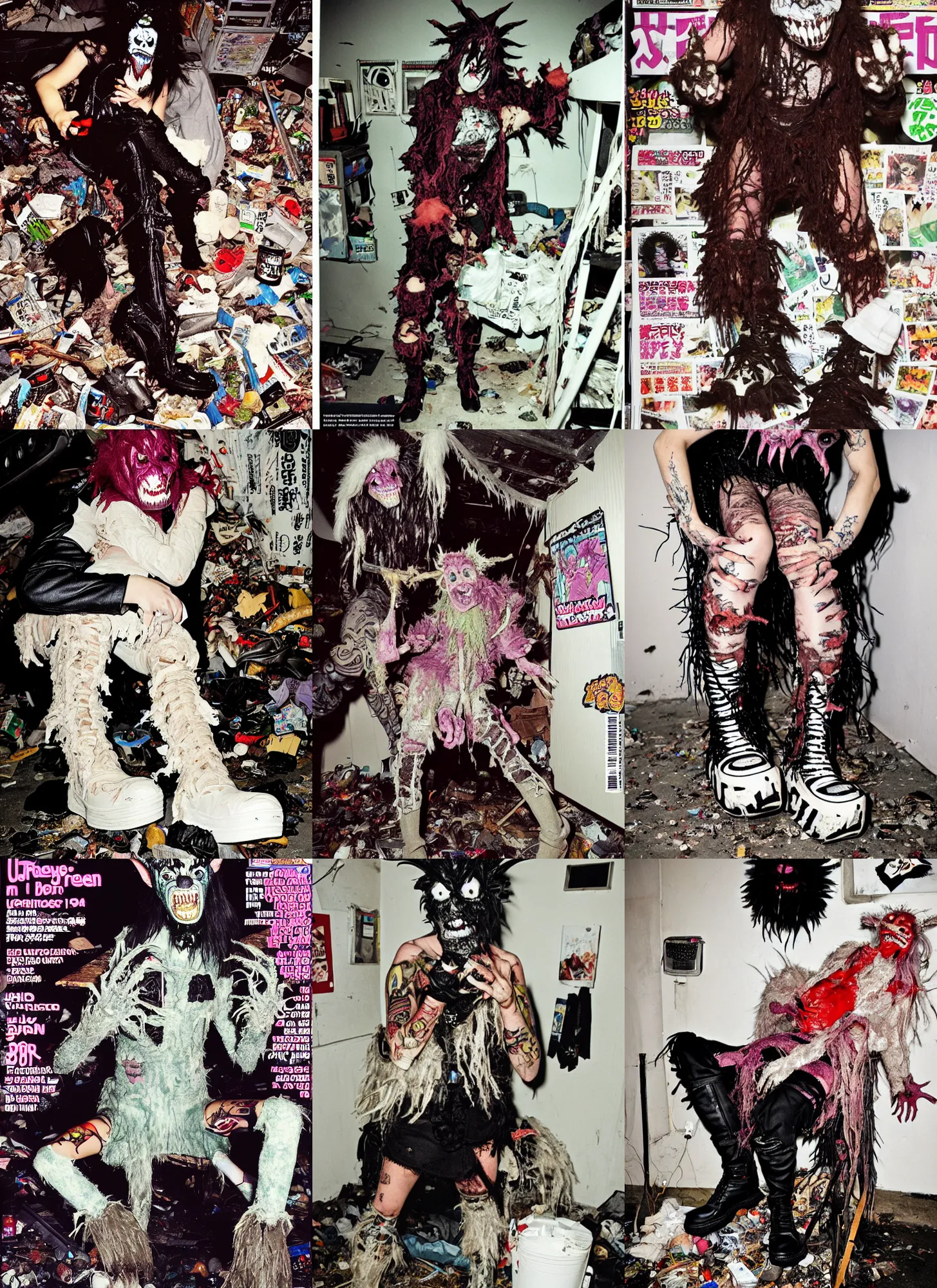 Prompt: photo of lace monster goblin wearing ripped up dirty Swear kiss monster teeth yeti platform boots in the style of Ryan Trecartin in the style of 1990's FRUiTS magazine 20471120 in japan in a dirty dark dark dark poorly lit bedroom full of trash and garbage server racks and cables everywhere in the style of Juergen Teller in the style of Shoichi Aoki, japanese street fashion, KEROUAC magazine, Walter Van Beirendonck W&LT 1990's, Vivienne Westwood, y2K aesthetic