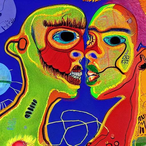 Prompt: beautiful painting of two bizarre psychedelic women kissing each other closeup on an alien planet, speculative evolution, mixed media collage by basquiat and junji ito, magazine collage art, psychedelic illustration