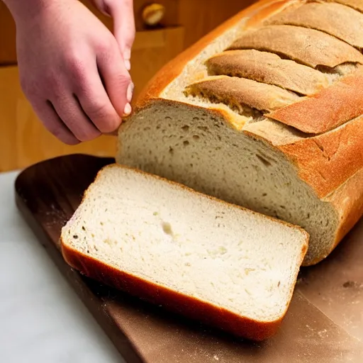 Prompt: cutting into a fresh loaf of bread