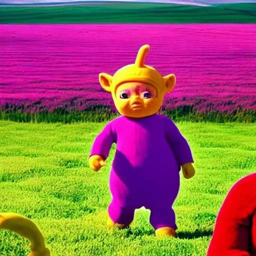 Image similar to a field of sinister teletubbies, film still, moody lighting, cinematic shot, vaporwave, dark and creepy, teletubbies in a field of flowers, the sun is a baby smiling sinisterly, 4 k, 8 k, masterpiece photo, award winning photography