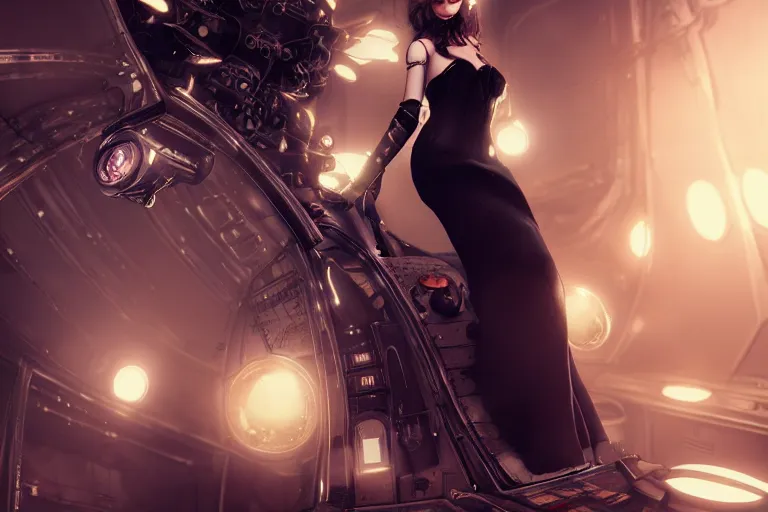 Prompt: a woman in a black dress and thigh highs in a steampunk spaceship, digital art, beautiful lighting, by wlop, by yoshitaka amano, octane render, composition, beautiful face, photorealism, steampunk, 4 k