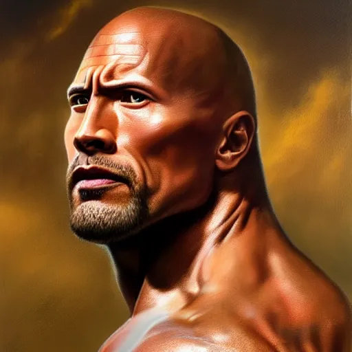 Image similar to ultra realistic portrait painting of dwayne johnson, art by frank frazetta, 4 k, ultra realistic, highly detailed, epic lighting