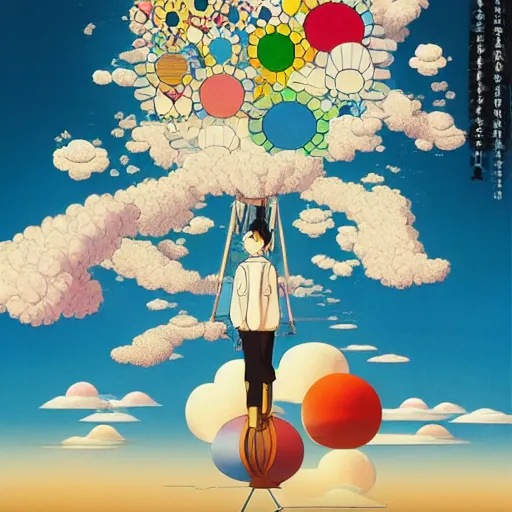 Image similar to a man walking on clouds above kyoto by takashi murakami, beeple and james jean, aya takano color style, 4 k, super detailed