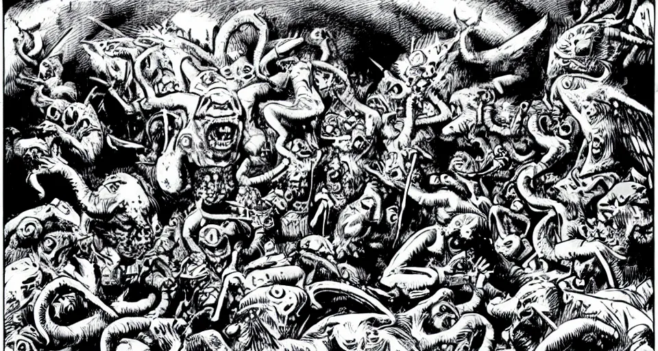 Image similar to the temptation of saint anthony swarmed by grotesque winged demons, fantasy, highly detailed cartoon art art by jack kirby