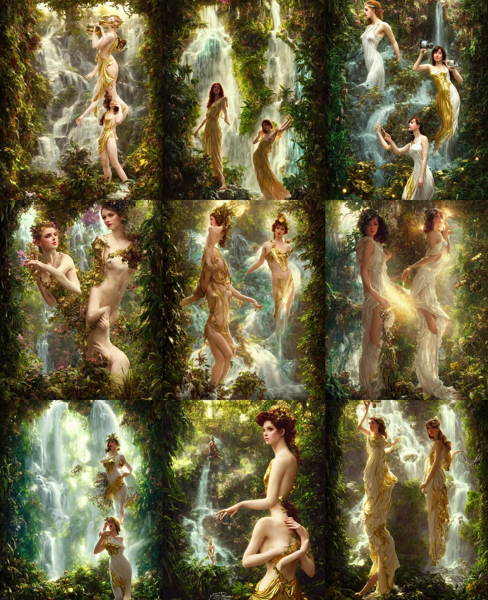 Image similar to hyper realistic photographer looking through a vintage medium format camera, magic pouring from lens, fantasy castle, full body waterfall dress, design on white background, beautiful details, lush foliage cyberpunk, gold, drawn by john singer sargent, tom bagshaw, norman rockwell, alphonso mucha, lolish, trending on artstation