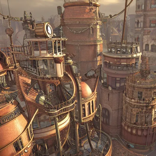 Prompt: A bird's eye view of a steampunk city, with intricate brass and copper machinery, winding steam pipes, and Victorian-esque architecture. Renderman, 3ds Max, V-Ray, by Andrew Prayzner