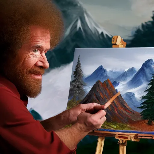 Image similar to a closeup photorealistic photograph of bob ross working on a canvas painting of elmo. film still. brightly lit scene. mountains and trees. this 4 k hd image is trending on artstation, featured on behance, well - rendered, extra crisp, features intricate detail, epic composition and the style of unreal engine.