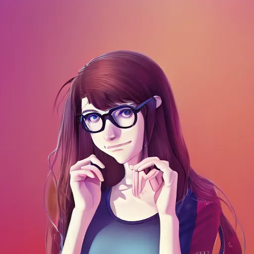 Prompt: portrait of a young teenage girl, light brown long wavy hair, clear blue eyes, pink glasses, in the style of makoto shinkai and artgerm and loish, dynamic lighting,