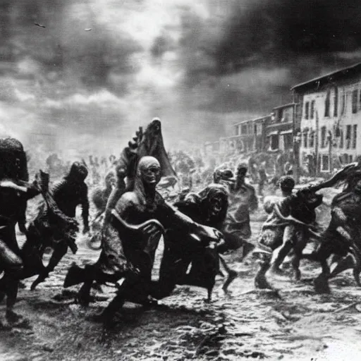 Image similar to Cthulhu attacking village, people running in panic, photo, 1920