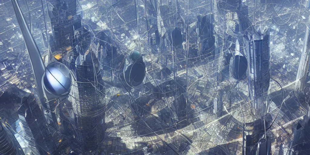 Prompt: giant city encased in glass tethered to the planet below, view from space, ray tracing, refractive, award winning, trending on artstation, digital art. highly detailed 8 k. intricate. lifelike. soft light. nikon d 8 5 0.