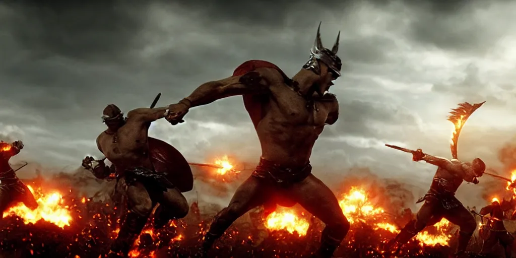 Image similar to epic battle screen of hero, film still from the movie'3 0 0'( 2 0 0 6 ), 3 d, 8 k realistic, cryengine, playstion 5 screen, cinematic lighting