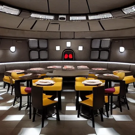 Prompt: mcdonald restaurant inside of the death star from star wars, spaceship flying towards it, realistic style