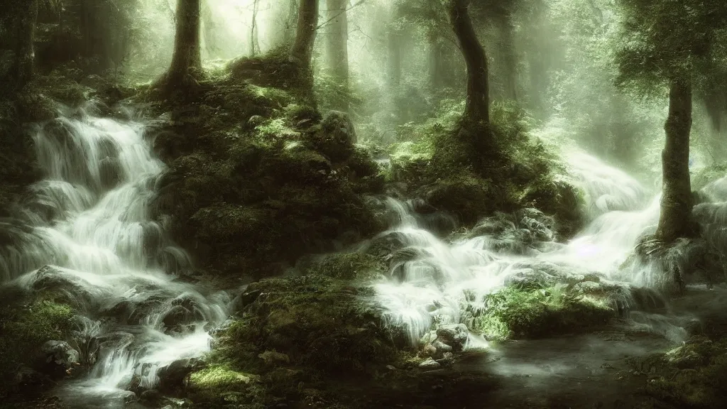 Image similar to a tiny waterfall in the dark forest. andreas achenbach, artgerm, mikko lagerstedt, zack snyder, tokujin yoshioka