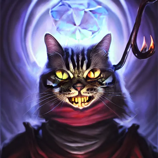 Image similar to Oil Painting of Cat, Anthropomorphized, casting evil spell, magic the gathering artwork, horror, D&D, fantasy, cinematic lighting, centered, symmetrical, highly detailed, digital painting, artstation, concept art, smooth, sharp focus, illustration, volumetric lighting, epic Composition, 8k, art by Akihiko Yoshida and Greg Rutkowski and Craig Mullins, oil painting, cgsociety