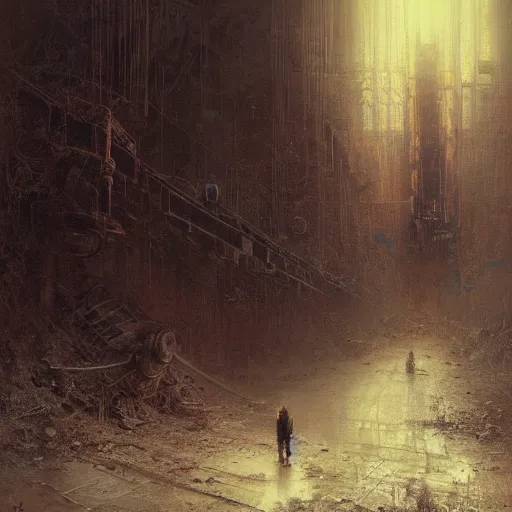 Image similar to lost and alone in an industrial wasteland by gustave dore and gustave moreau and beksinski and giger and craig mullins and jeremy mann