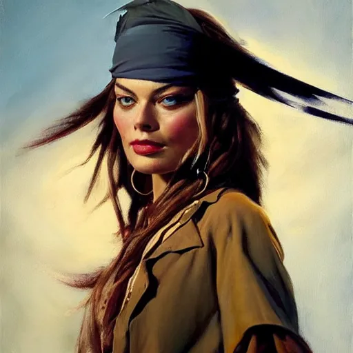 Image similar to greg manchess portrait of margot robbie as captain jack sparrow, epic grimdark, fantasy, medium shot, asymmetrical, profile picture, organic painting, sunny day, matte painting, bold shapes, hard edges, street art, trending on artstation, by huang guangjian and gil elvgren and sachin teng