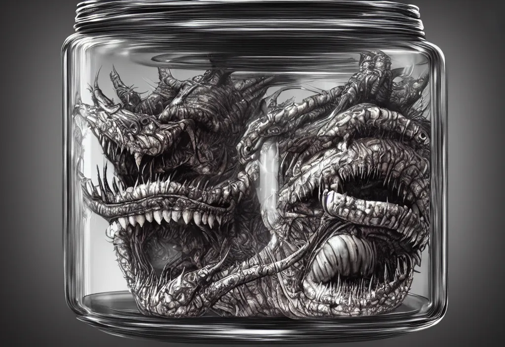 Image similar to Photorealistic miniature monster inside a jar on clean background by H.R. Giger, KDA and Sam Yang, trending on artstation